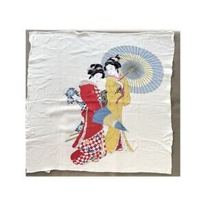 Vintage Japanese Rayon Scarf – Geisha with Parasol Print by Fujimiyaji 26” x 27”